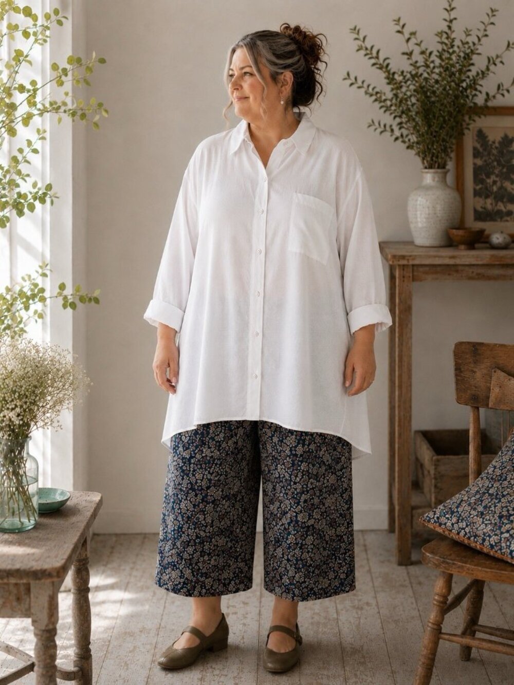 Soft Surroundings Womens Top 1X White Tencel Button Down Tunic Pockets Artsy